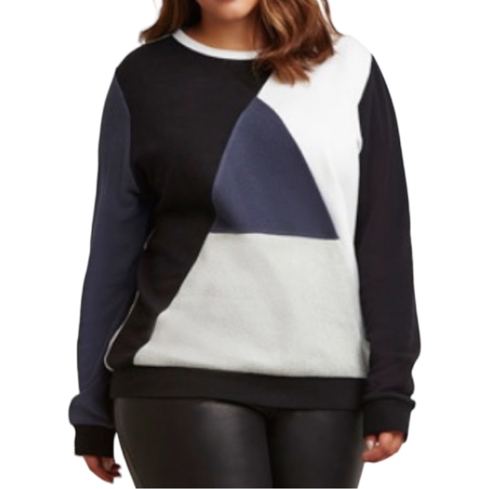 Faux Leather Geo Colorblocked Sweatshirt NEW XL Black White Navy Geometric